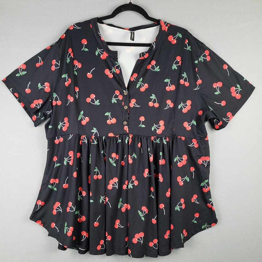 Allegrace Size 3X Cherry Print Babydoll Top Black Red Kawaii‎ Pinup Rockabilly